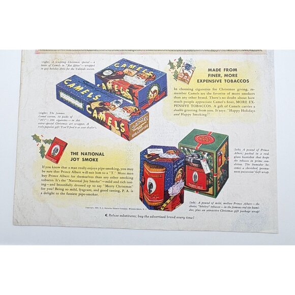 Camel Cigarettes & Prince Albert Tobacco Christmas Vintage Print Ad 1930s Santa - Picture 5 of 6